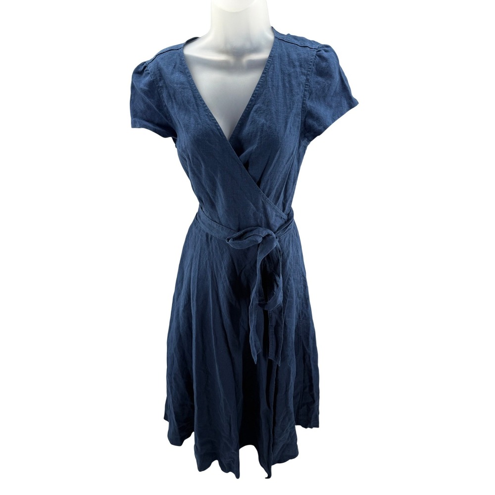 Polo Ralph Lauren Navy Blue 100% Linen Wrap Midi Dress Womens Size 8 New